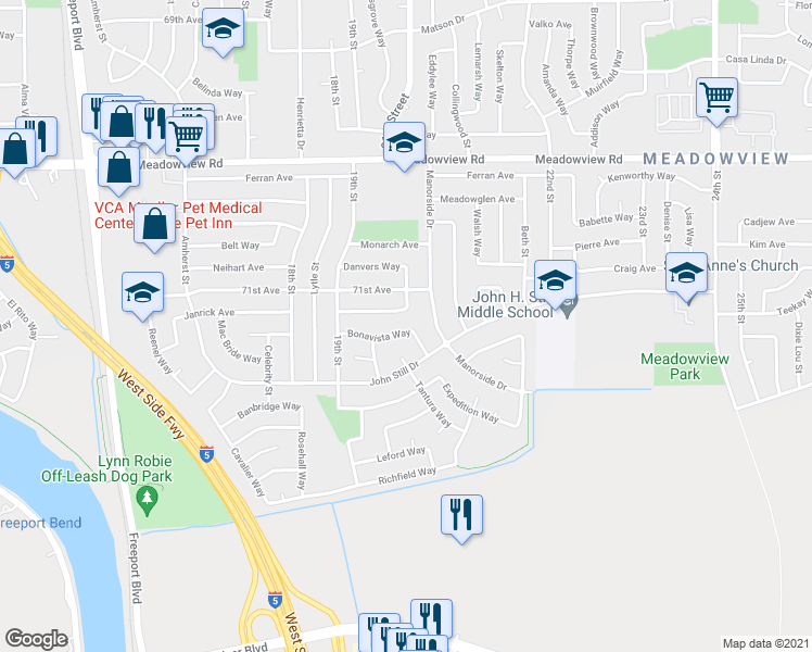 map of restaurants, bars, coffee shops, grocery stores, and more near 1987 Bonavista Way in Sacramento