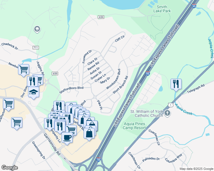 map of restaurants, bars, coffee shops, grocery stores, and more near 195 Woodstream Boulevard in Stafford