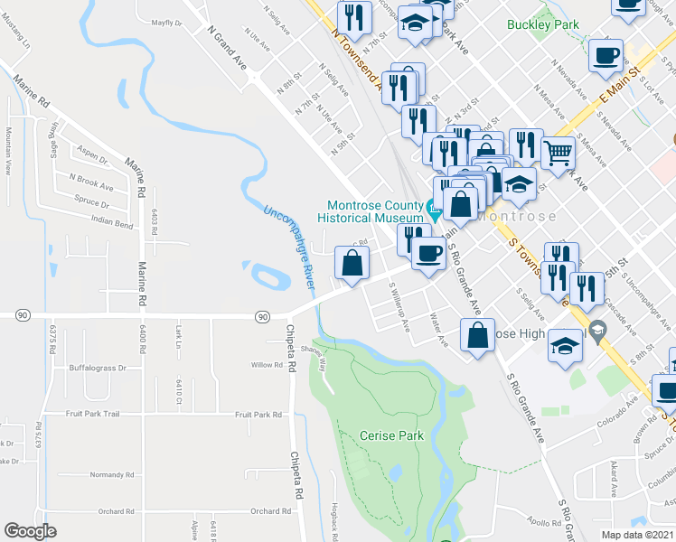 map of restaurants, bars, coffee shops, grocery stores, and more near B Rd in Montrose