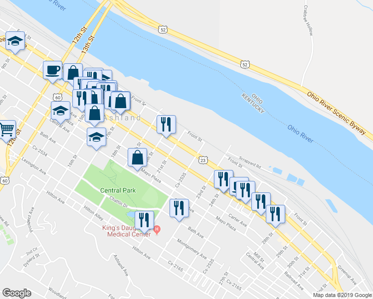 map of restaurants, bars, coffee shops, grocery stores, and more near 2100 Greenup Avenue in Ashland