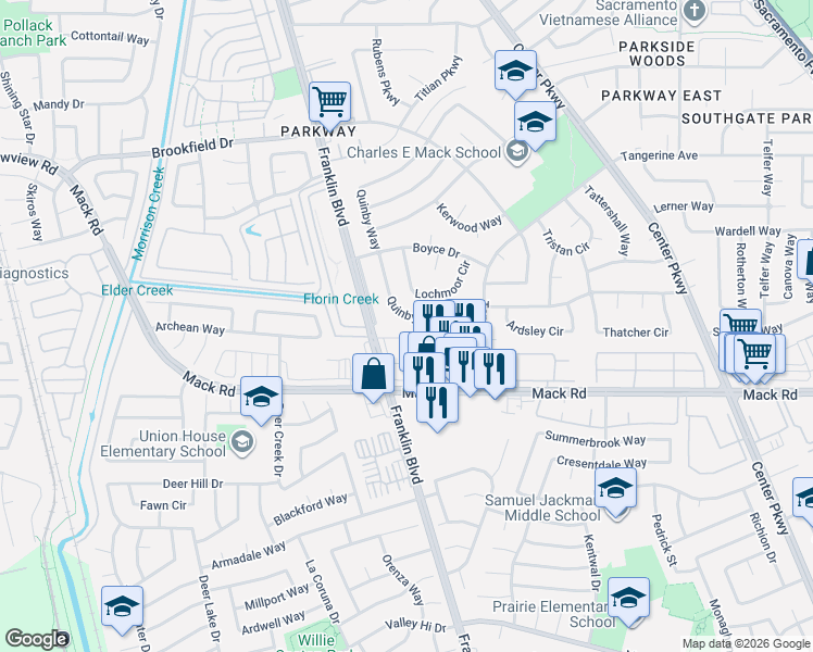 map of restaurants, bars, coffee shops, grocery stores, and more near 7734 Quinby Way in Sacramento