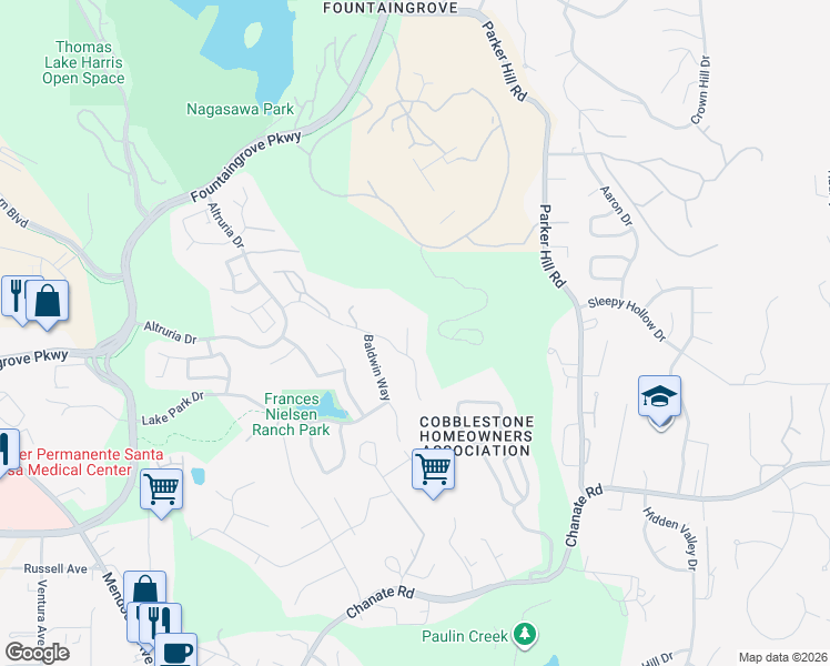 map of restaurants, bars, coffee shops, grocery stores, and more near 3615 Tillmont Way in Santa Rosa