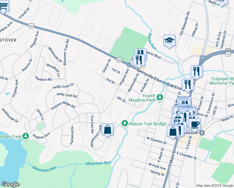 map of restaurants, bars, coffee shops, grocery stores, and more near 207 Virginia Avenue in Culpeper