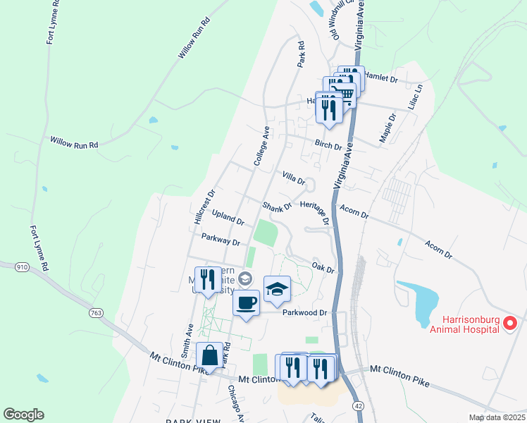 map of restaurants, bars, coffee shops, grocery stores, and more near 1542 Park Road in Harrisonburg