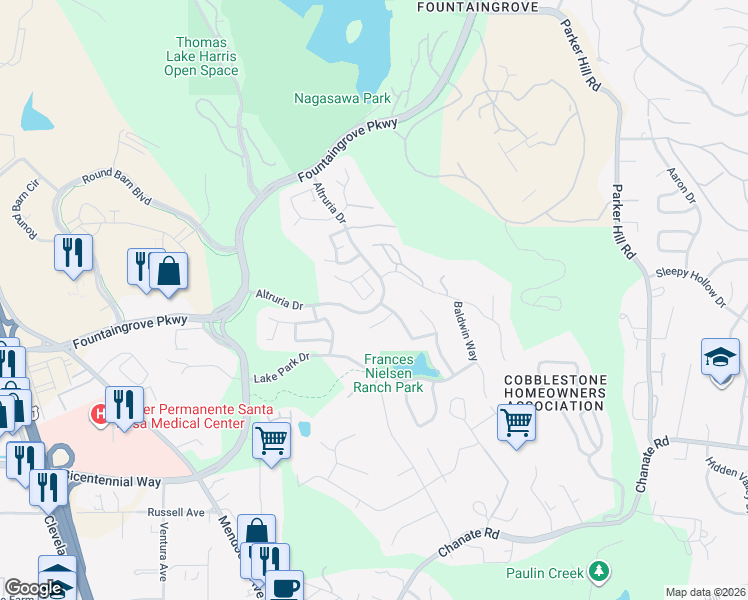 map of restaurants, bars, coffee shops, grocery stores, and more near 1984 Viewpointe Circle in Santa Rosa