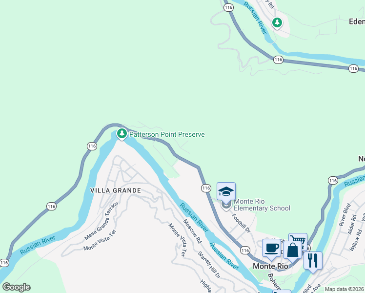 map of restaurants, bars, coffee shops, grocery stores, and more near 21401 Santa Clara Avenue in Monte Rio
