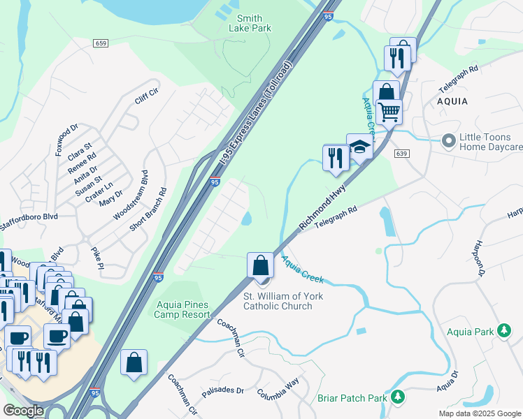 map of restaurants, bars, coffee shops, grocery stores, and more near 112 Compass Cove in Stafford
