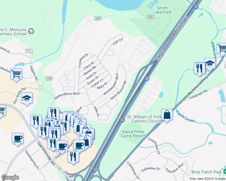 map of restaurants, bars, coffee shops, grocery stores, and more near 206 Woodstream Boulevard in Stafford