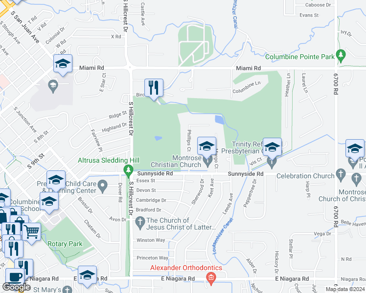 map of restaurants, bars, coffee shops, grocery stores, and more near 1022 Phillips Court in Montrose