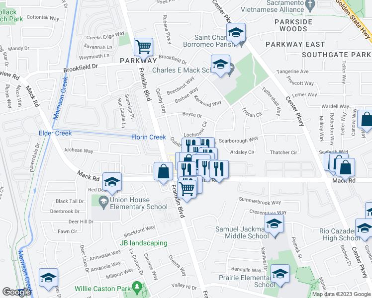 map of restaurants, bars, coffee shops, grocery stores, and more near 7734 Quinby Way in Sacramento