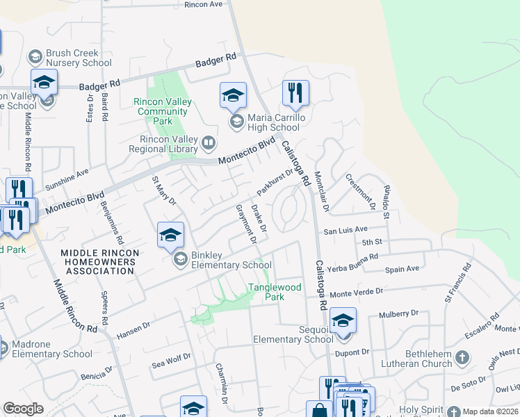map of restaurants, bars, coffee shops, grocery stores, and more near 556 Drake Drive in Santa Rosa