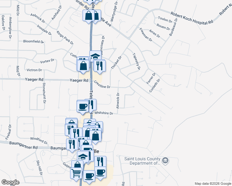map of restaurants, bars, coffee shops, grocery stores, and more near 2416 Southwind Meadows Court in St. Louis