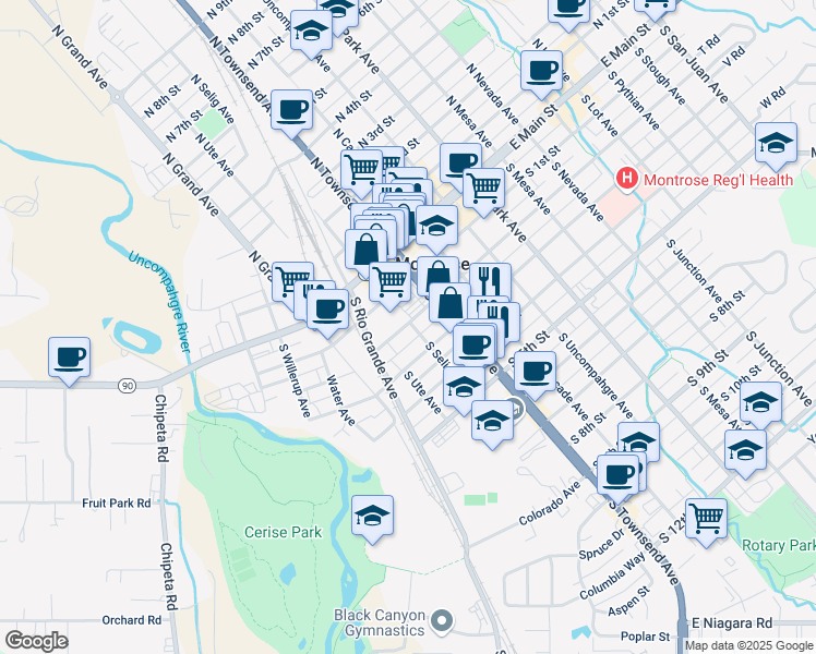 map of restaurants, bars, coffee shops, grocery stores, and more near 146 South 2nd Street in Montrose