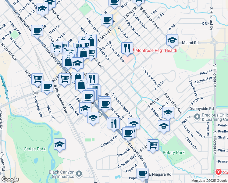 map of restaurants, bars, coffee shops, grocery stores, and more near 506 South 5th Street in Montrose