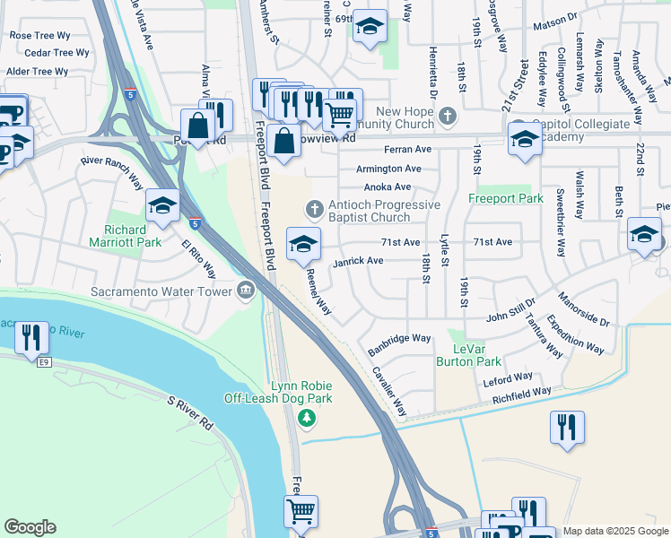 map of restaurants, bars, coffee shops, grocery stores, and more near 1478 Janrick Avenue in Sacramento