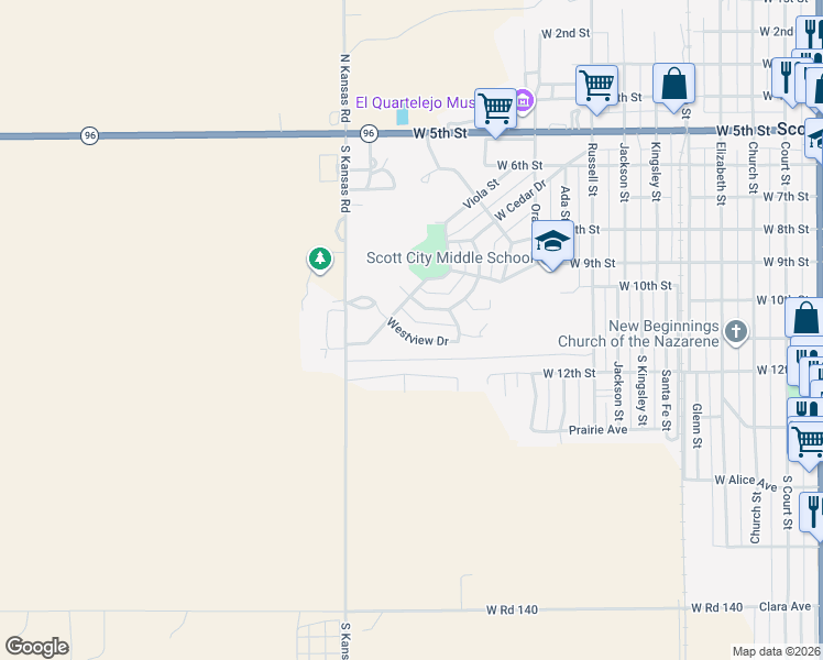 map of restaurants, bars, coffee shops, grocery stores, and more near 108 Westview Drive in Scott City