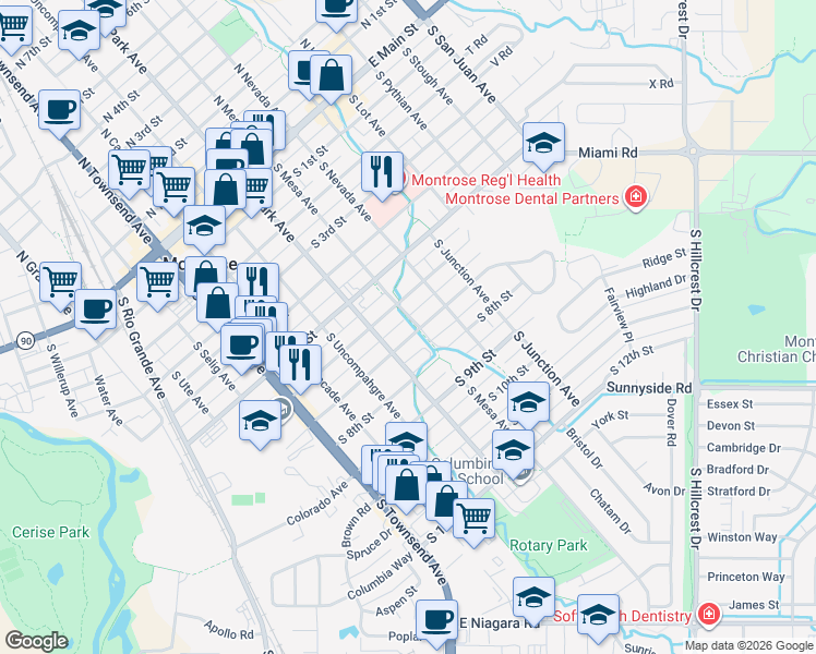 map of restaurants, bars, coffee shops, grocery stores, and more near 649 South 7th Street in Montrose