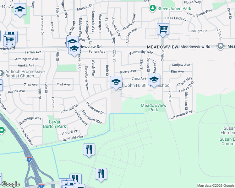 map of restaurants, bars, coffee shops, grocery stores, and more near 2250 John Still Drive in Sacramento