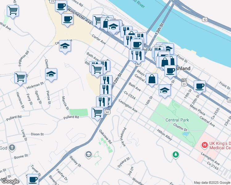 map of restaurants, bars, coffee shops, grocery stores, and more near 1221 Lexington Avenue in Ashland