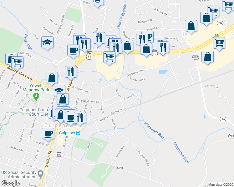 map of restaurants, bars, coffee shops, grocery stores, and more near 822 East Piedmont Street in Culpeper
