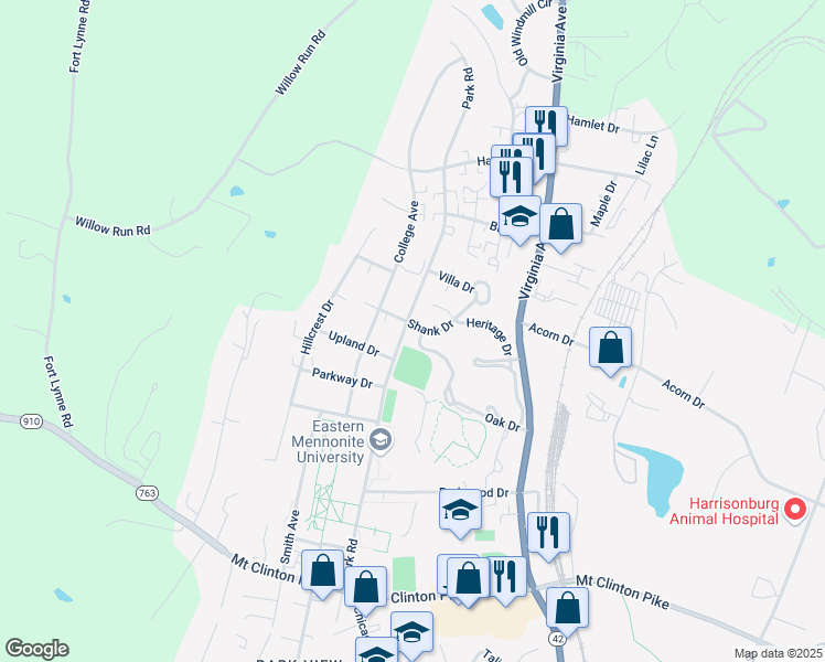 map of restaurants, bars, coffee shops, grocery stores, and more near 1542 Park Road in Harrisonburg
