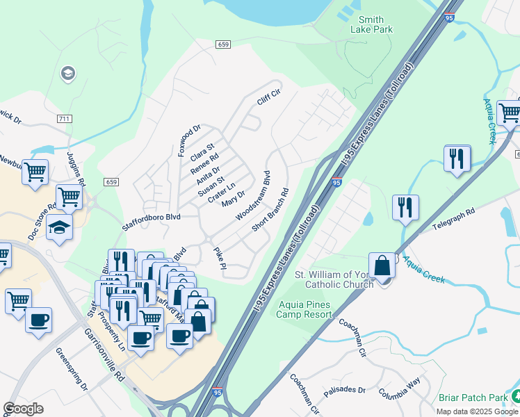 map of restaurants, bars, coffee shops, grocery stores, and more near 208 Woodstream Boulevard in Stafford