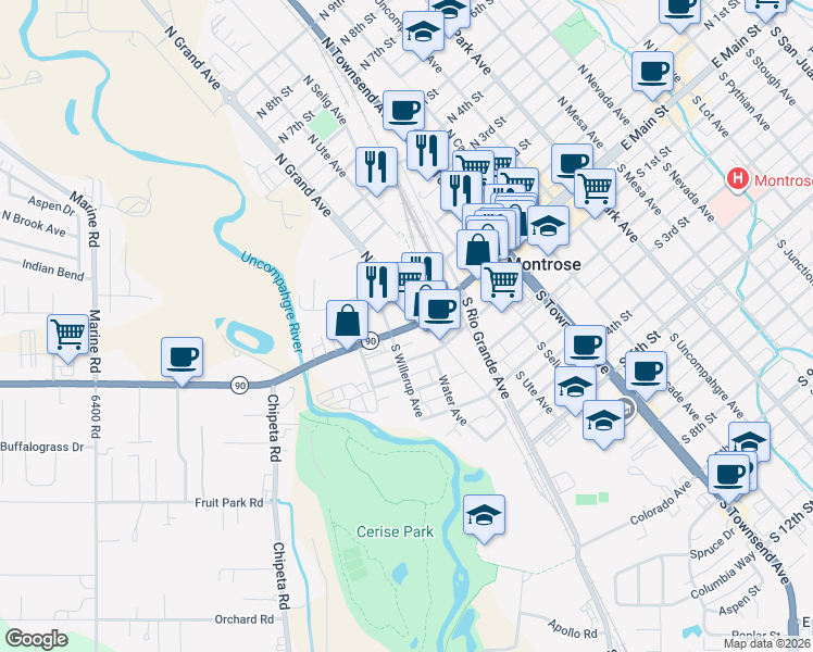 map of restaurants, bars, coffee shops, grocery stores, and more near 113 W Main St in Montrose