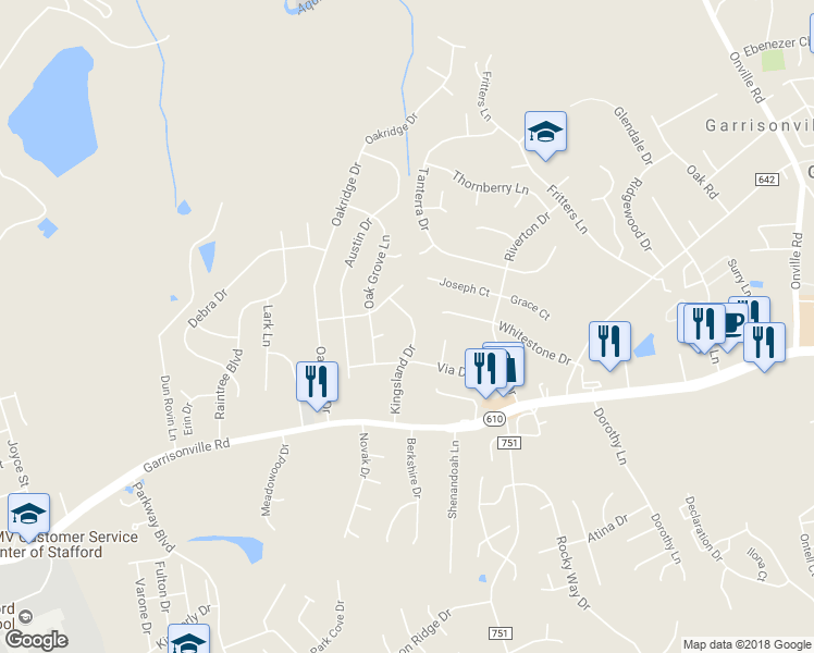 map of restaurants, bars, coffee shops, grocery stores, and more near 310 Kingsland Drive in Stafford