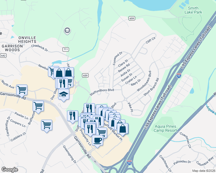 map of restaurants, bars, coffee shops, grocery stores, and more near 100 Grosvenor Lane in Stafford