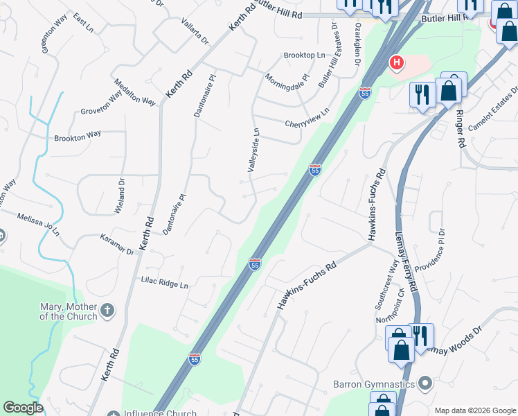map of restaurants, bars, coffee shops, grocery stores, and more near 5632 Valleyside Lane in St. Louis