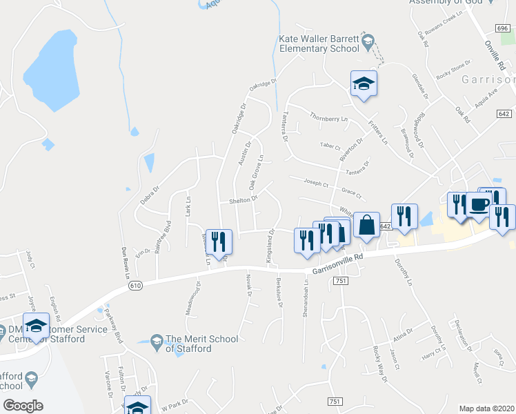 map of restaurants, bars, coffee shops, grocery stores, and more near 1 Archwood Circle in Stafford