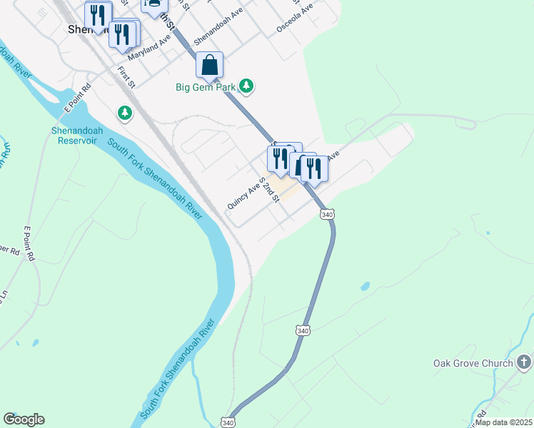map of restaurants, bars, coffee shops, grocery stores, and more near 114 Quincy Avenue in Shenandoah