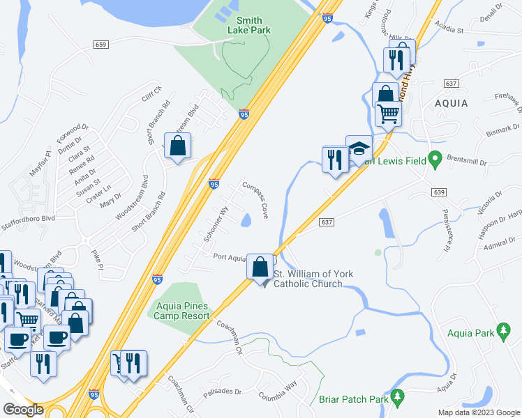 map of restaurants, bars, coffee shops, grocery stores, and more near 108 Compass Cove in Stafford
