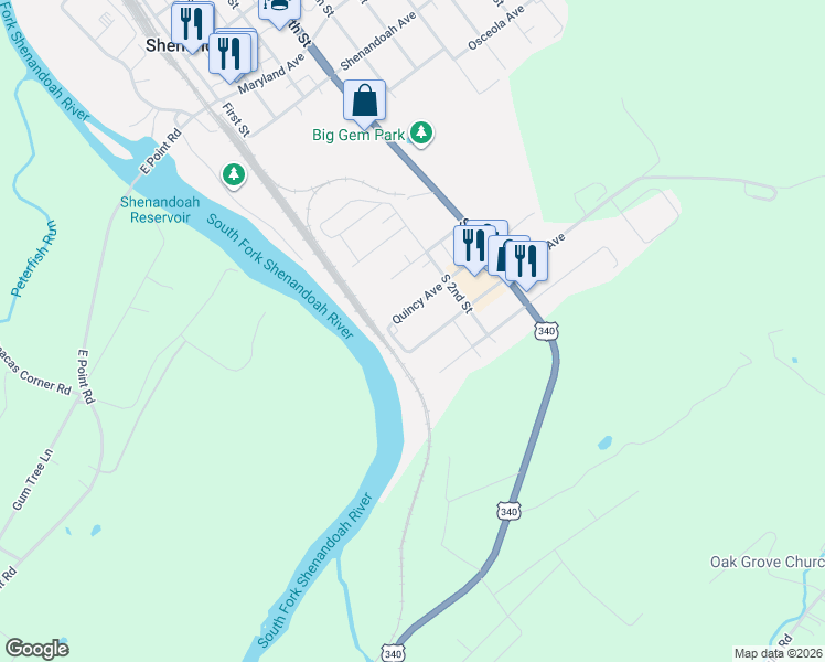 map of restaurants, bars, coffee shops, grocery stores, and more near 104 Pulaski Avenue in Shenandoah