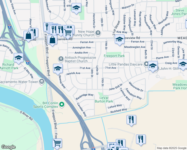 map of restaurants, bars, coffee shops, grocery stores, and more near 7731 18th Street in Sacramento