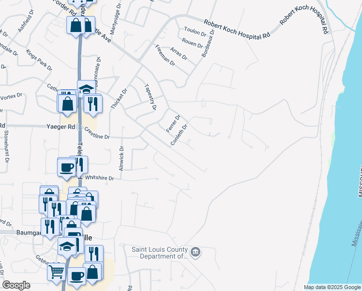 map of restaurants, bars, coffee shops, grocery stores, and more near 410 Rockview Drive in St. Louis