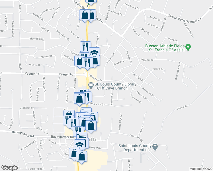 map of restaurants, bars, coffee shops, grocery stores, and more near 2416 Southwind Meadows Court in St. Louis