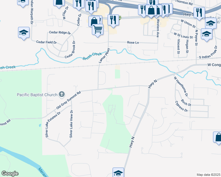 map of restaurants, bars, coffee shops, grocery stores, and more near 1835 Old Gray Summit Road in Pacific