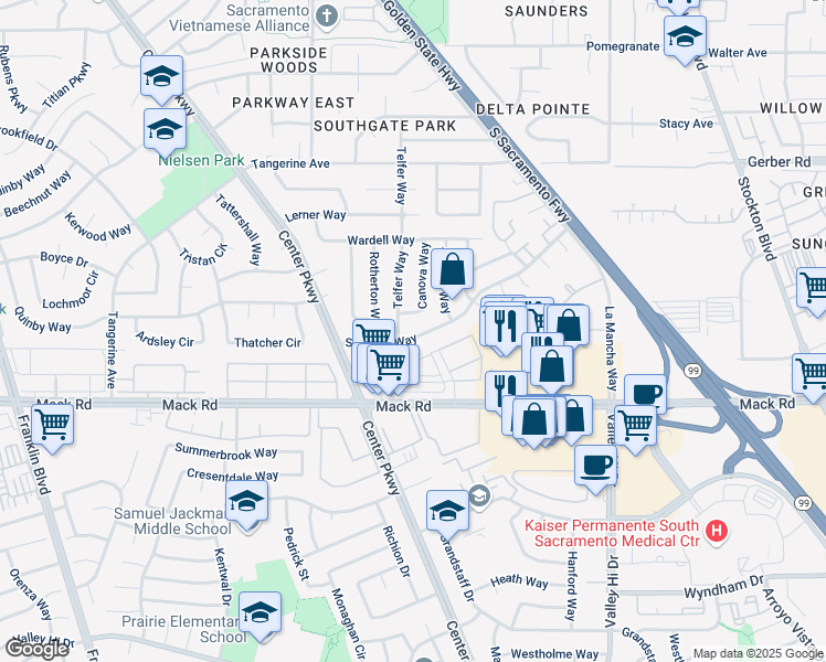 map of restaurants, bars, coffee shops, grocery stores, and more near 7748 Telfer Way in Sacramento