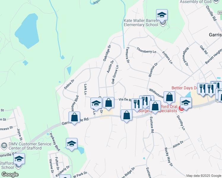 map of restaurants, bars, coffee shops, grocery stores, and more near 203 Shelton Drive in Stafford