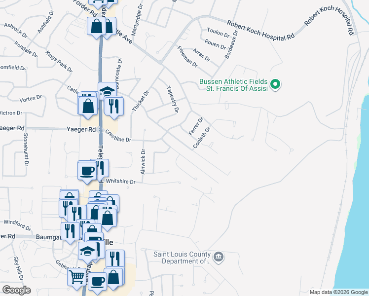 map of restaurants, bars, coffee shops, grocery stores, and more near 342 Burncoate Drive in St. Louis