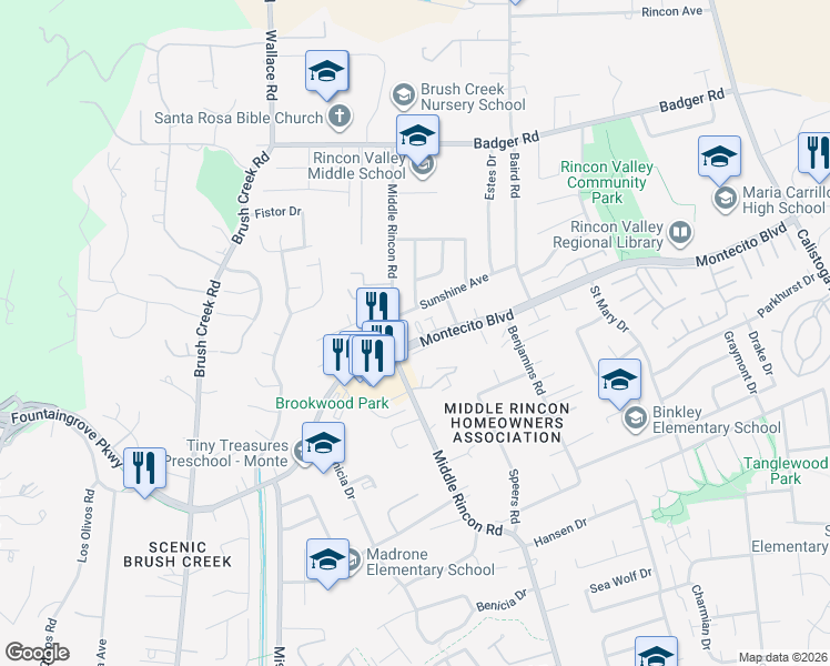 map of restaurants, bars, coffee shops, grocery stores, and more near 6623 Montecito Blvd in Santa Rosa