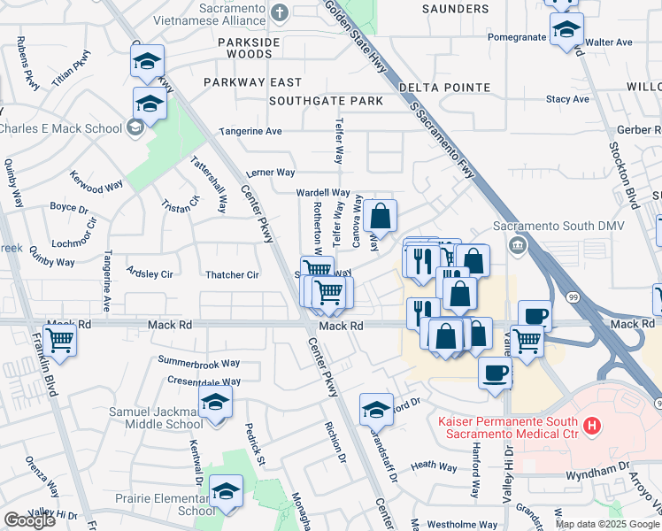 map of restaurants, bars, coffee shops, grocery stores, and more near 7748 Telfer Way in Sacramento