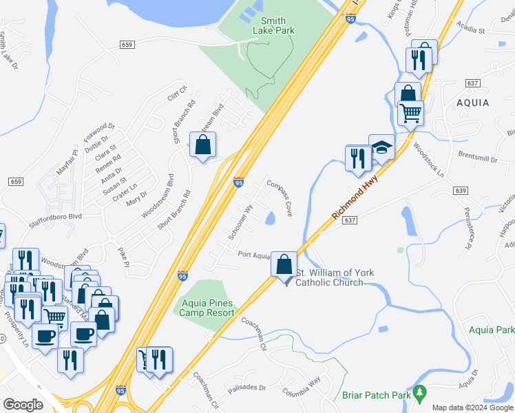 map of restaurants, bars, coffee shops, grocery stores, and more near 102 Spinnaker Way in Stafford