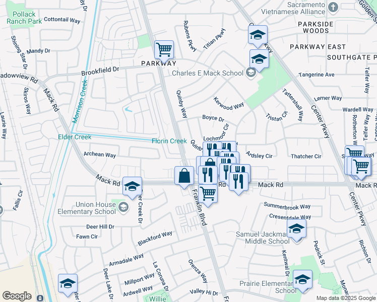 map of restaurants, bars, coffee shops, grocery stores, and more near 7745 County Highway J8 in Sacramento