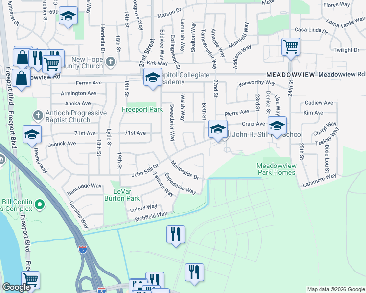 map of restaurants, bars, coffee shops, grocery stores, and more near 111 Hemford Circle in Sacramento