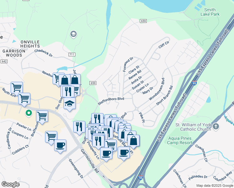 map of restaurants, bars, coffee shops, grocery stores, and more near 102 Grosvenor Lane in Stafford