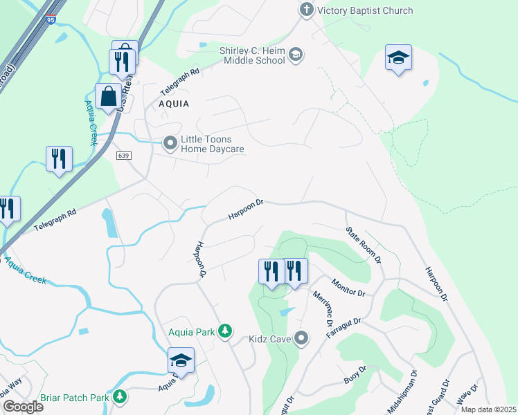 map of restaurants, bars, coffee shops, grocery stores, and more near 2121 Harpoon Drive in Stafford