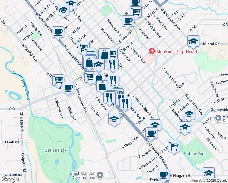 map of restaurants, bars, coffee shops, grocery stores, and more near 339 S 4th St in Montrose