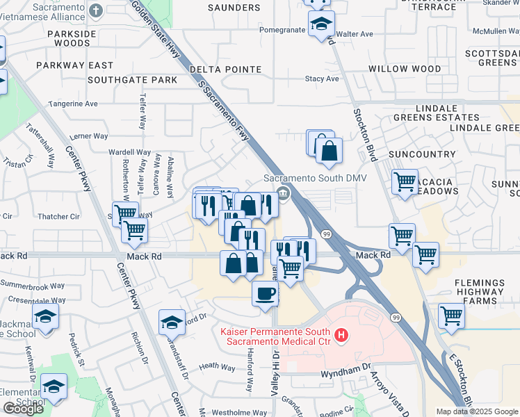 map of restaurants, bars, coffee shops, grocery stores, and more near 6481 Creek Centre Court in Sacramento